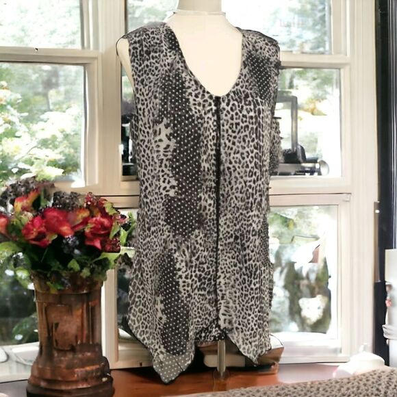 Adele May Top Large Blouse Sleeveless Animal Print Flowy Sheer Mixed Media Tunic - Picture 14 of 16